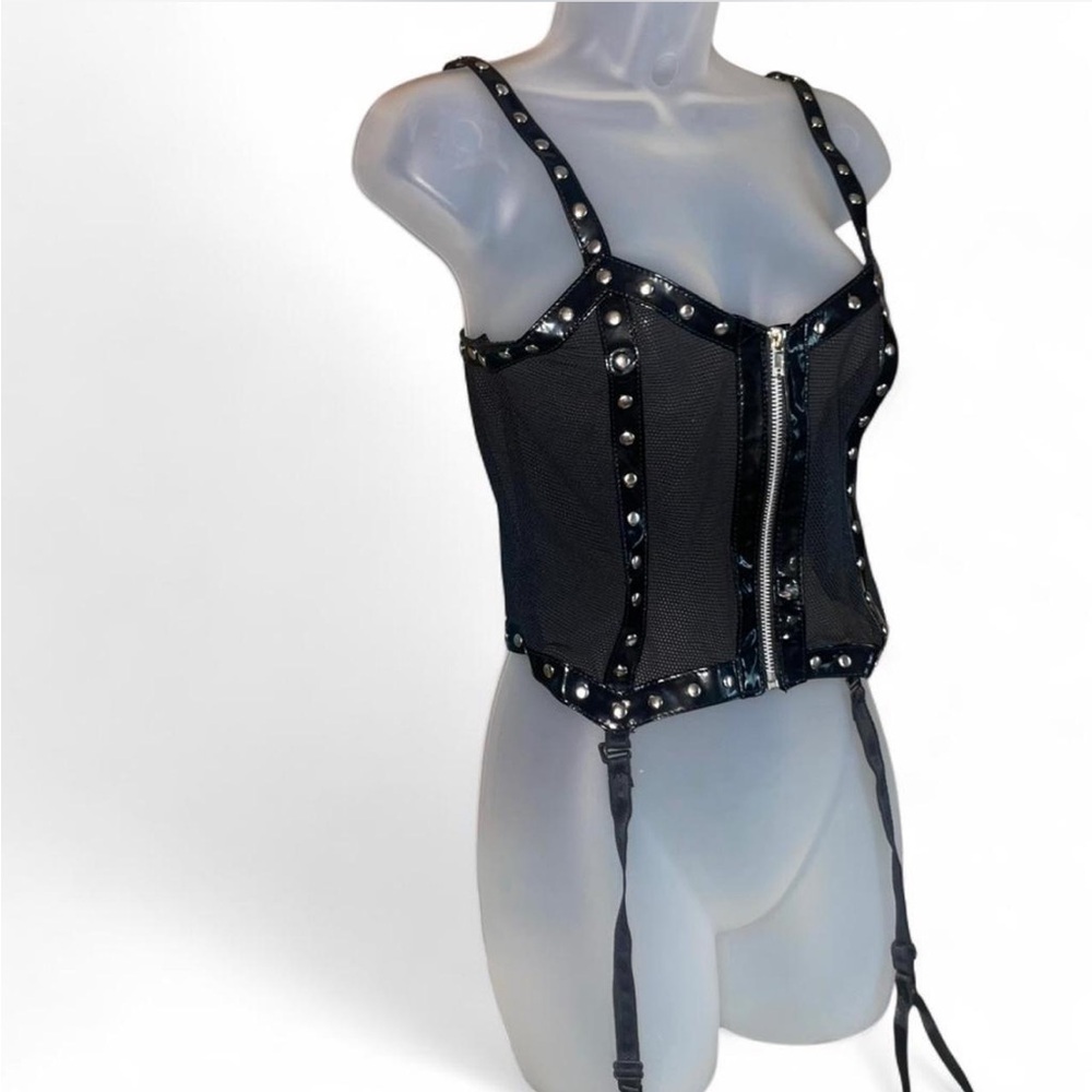 Elegant Moments Patent Leather Mesh Corset with Silver Studded M - Picture 2 of 11